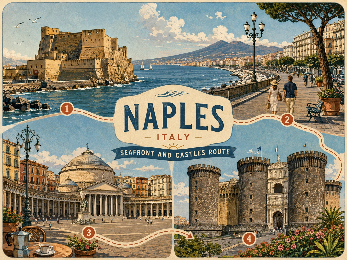 Naples seafront and castles route through the Lungomare, Piazza del Plebiscito and historic fortresses