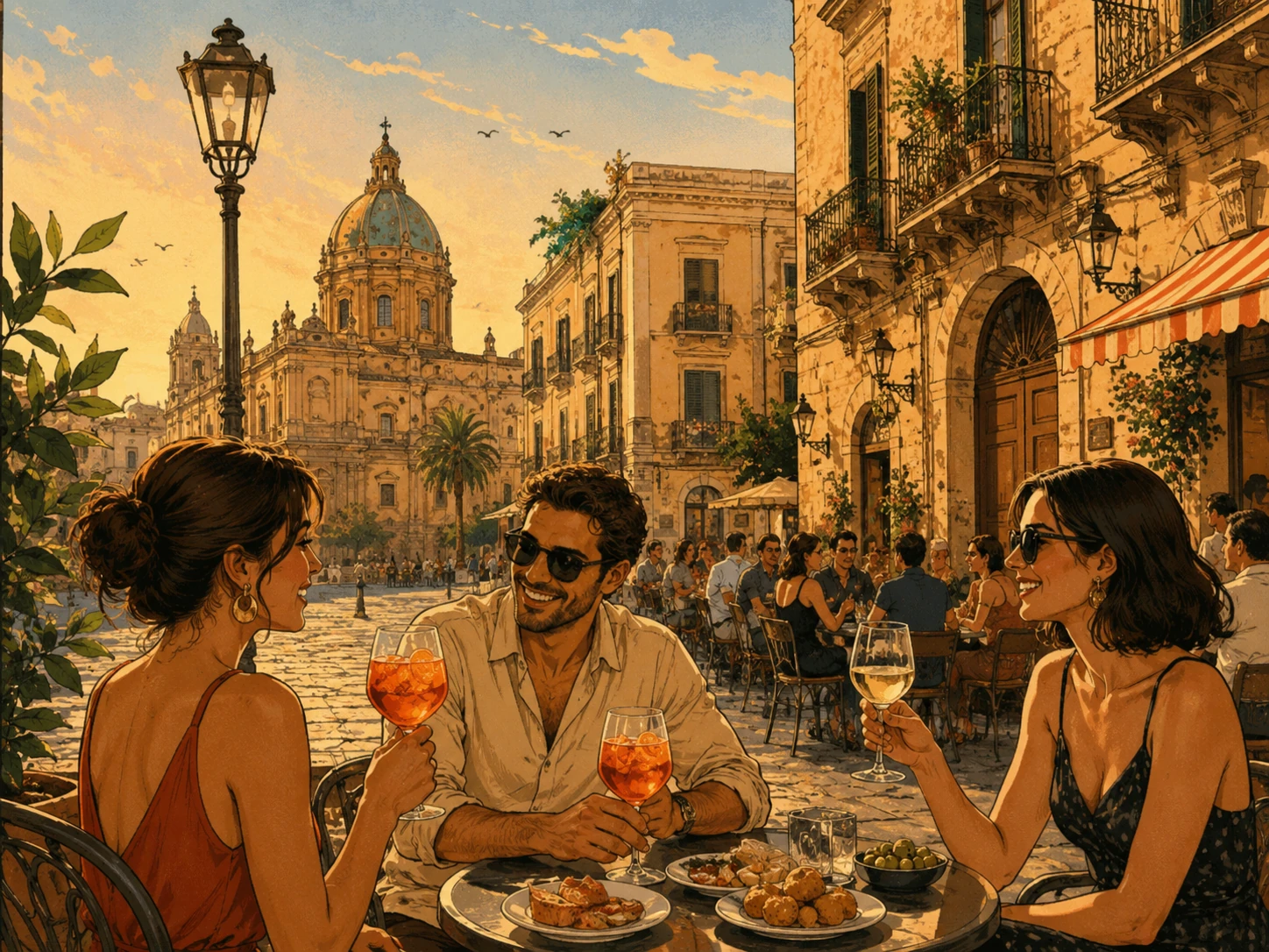Friends enjoying aperitivo in Palermo's La Kalsa district