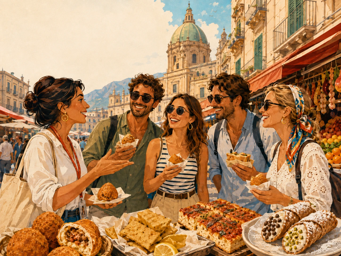 Travelers tasting Palermo street food during a guided market tour