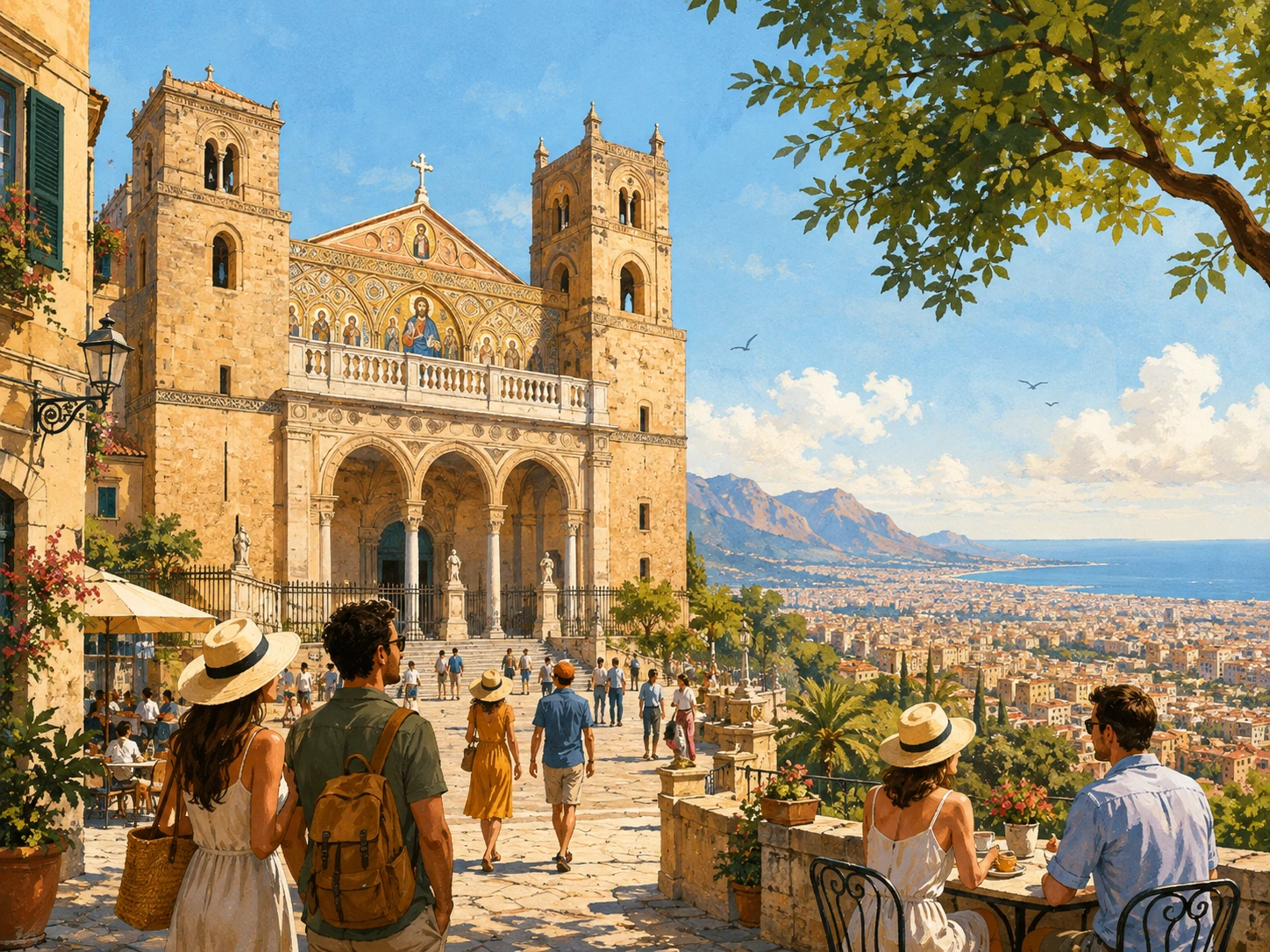Travelers arriving at Monreale Cathedral above Palermo