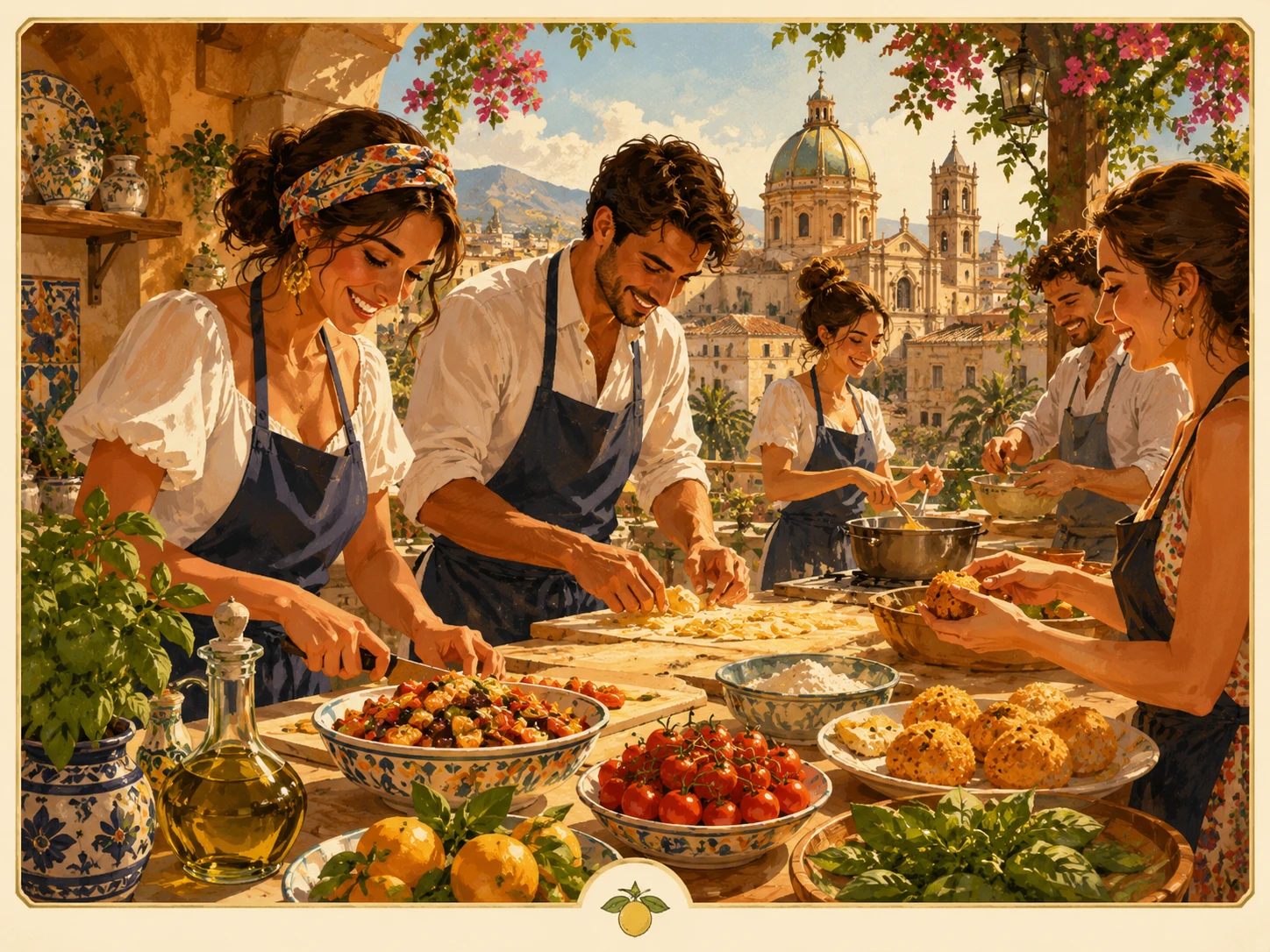 Travelers preparing Sicilian dishes during a cooking class in Palermo