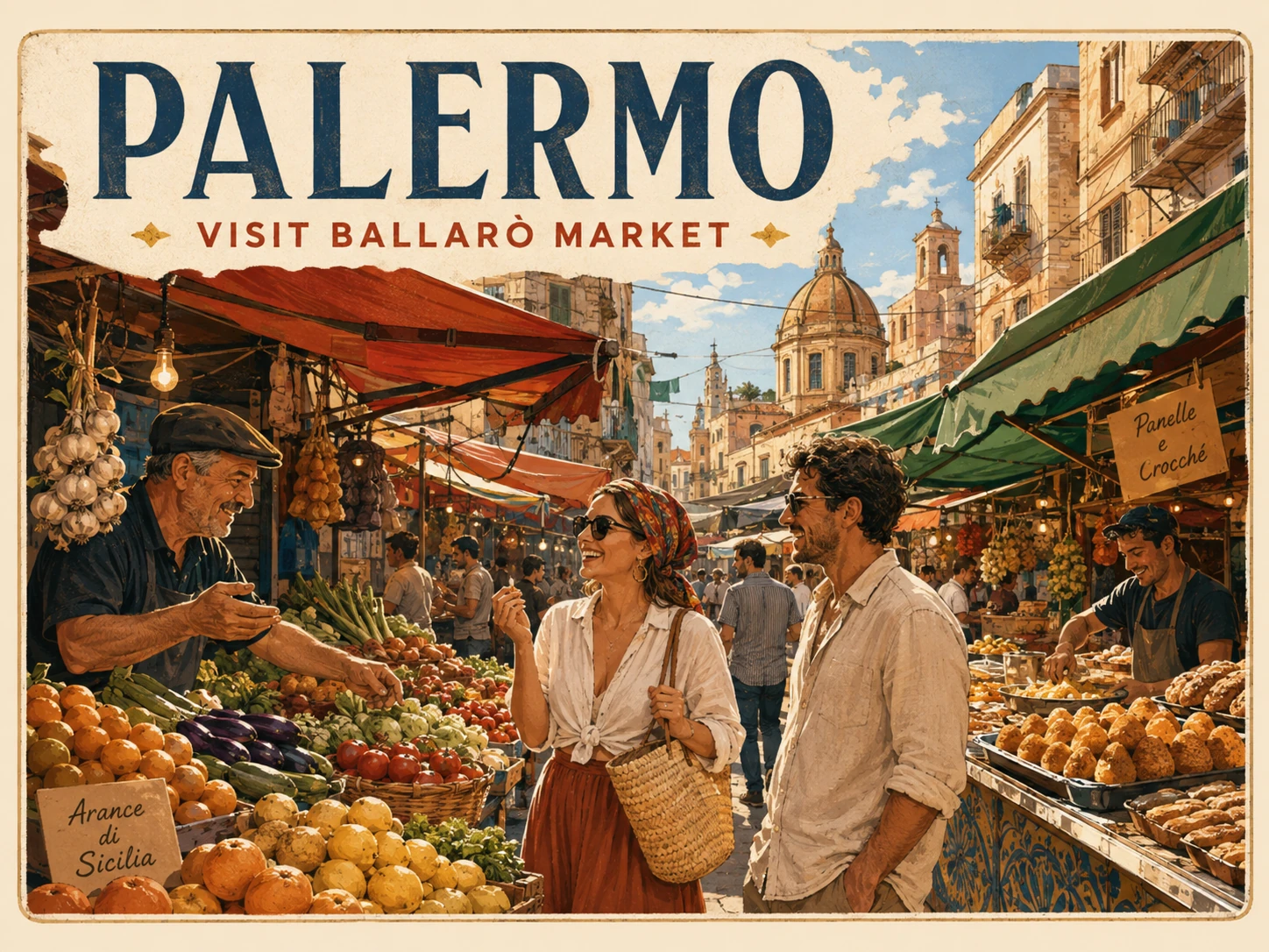 Travelers meeting vendors and exploring Ballarò Market in Palermo