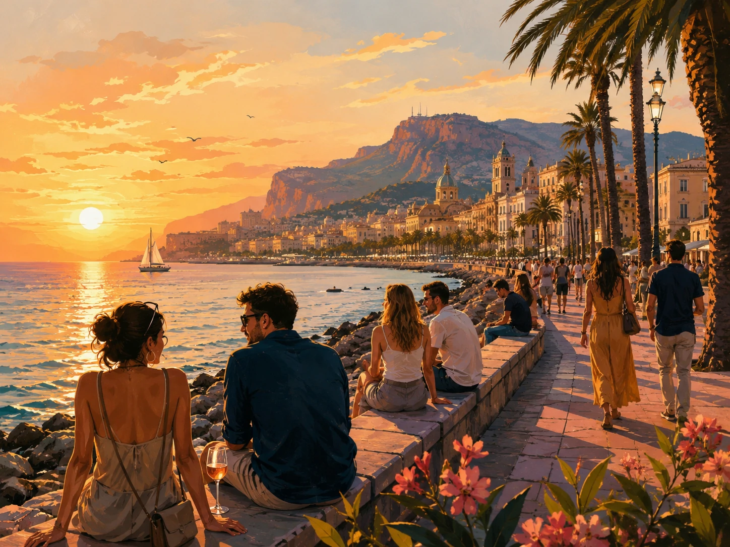 Travelers watching sunset along Palermo's Foro Italico waterfront