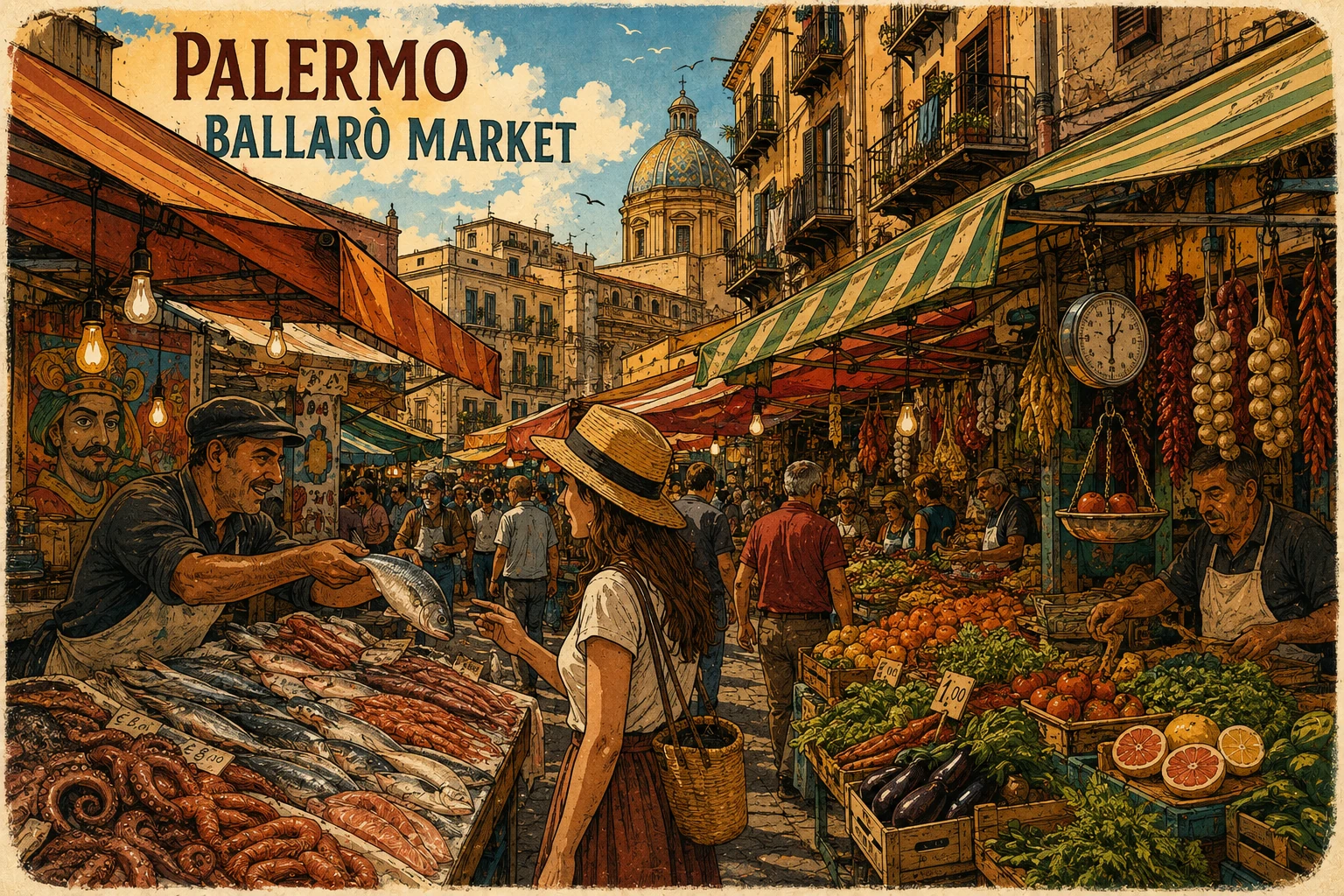 Colorful stalls and local vendors at Ballarò Market in Palermo