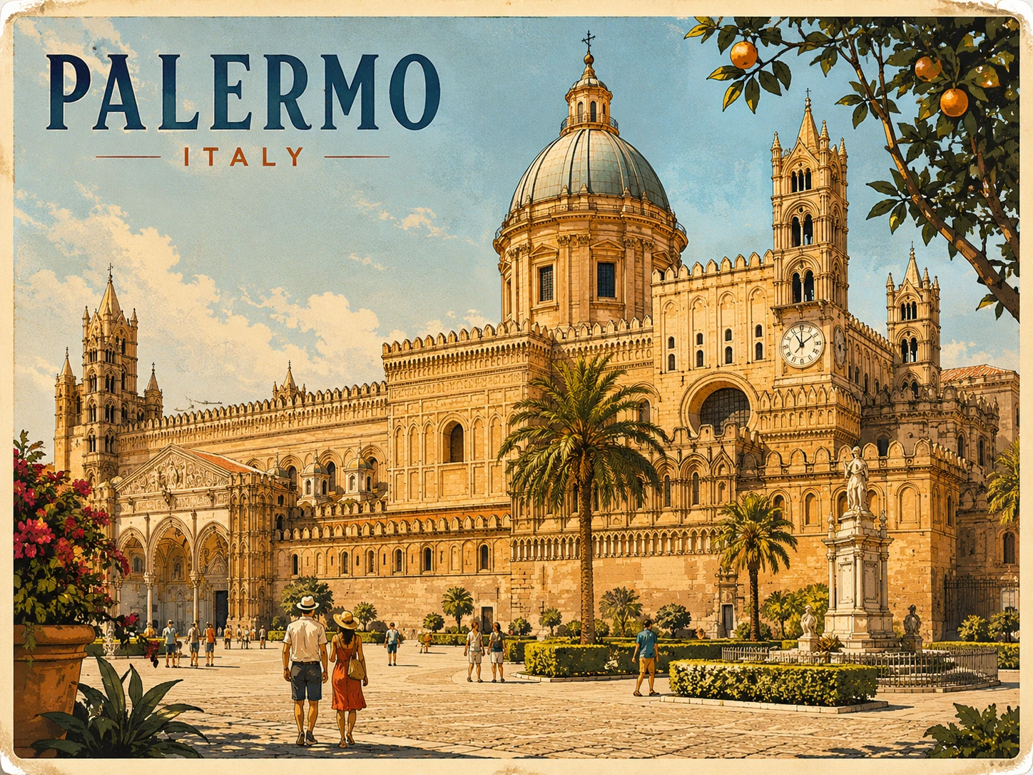 Palermo Cathedral with Arab-Norman towers, dome, and palm-lined gardens