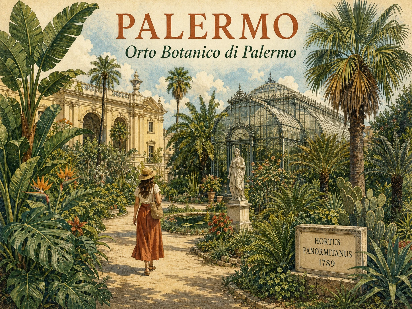 Lush tropical gardens and historic glasshouse at Palermo's Orto Botanico