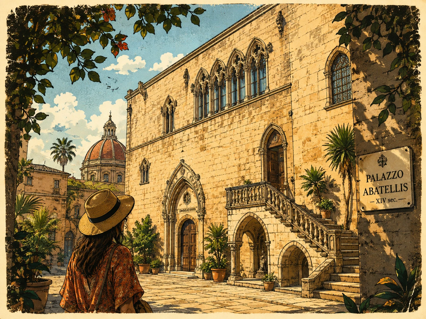 Quiet courtyard and Gothic façade of Palazzo Abatellis in Palermo