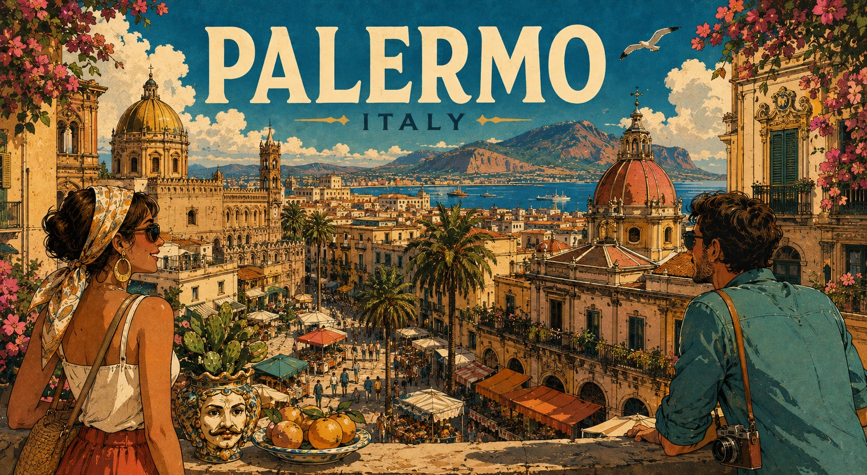 Illustrated Palermo panorama with historic architecture, markets, the gulf, and travelers