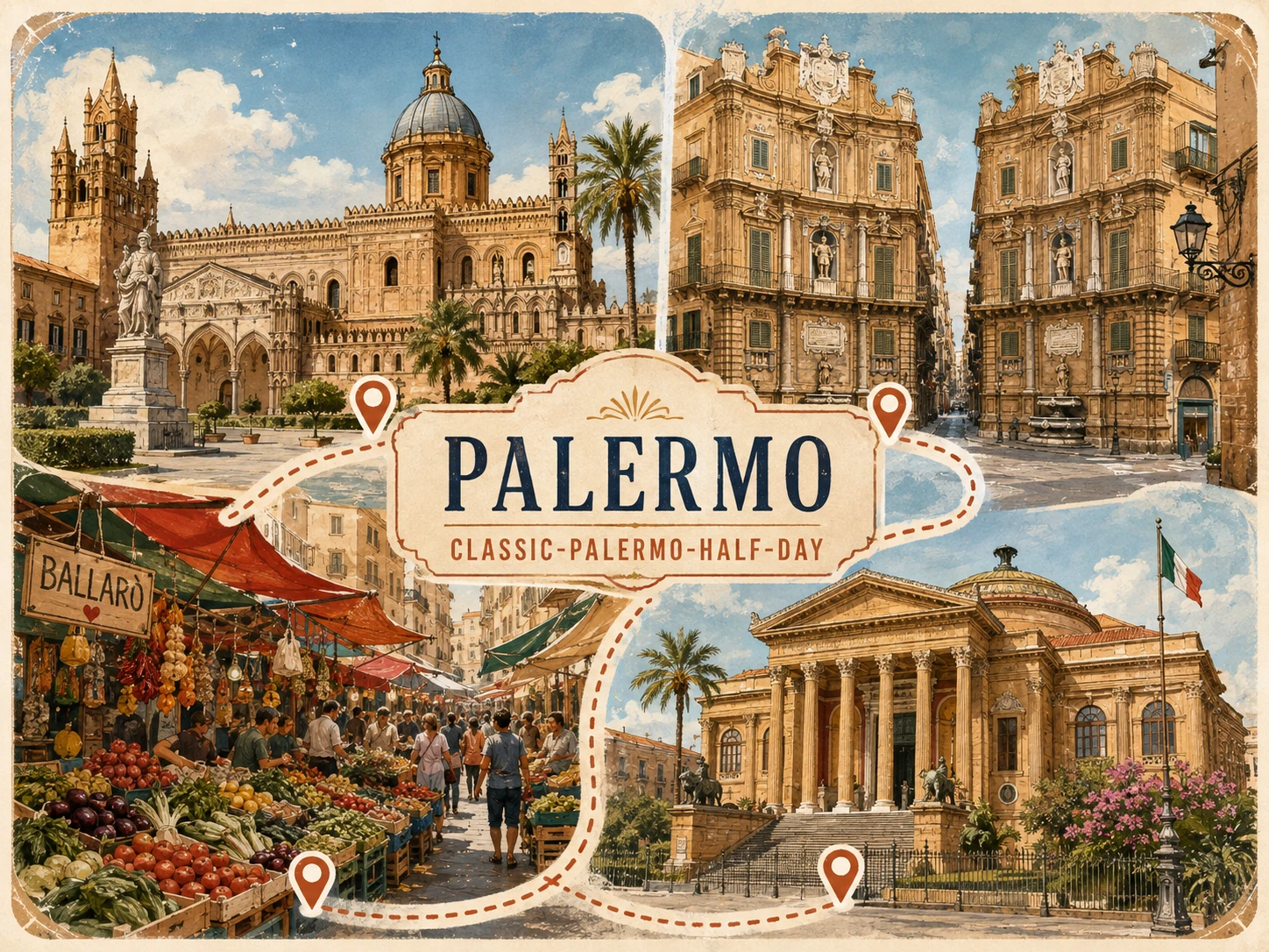 Classic Palermo half-day route through the cathedral, Quattro Canti, Ballarò Market, and Teatro Massimo