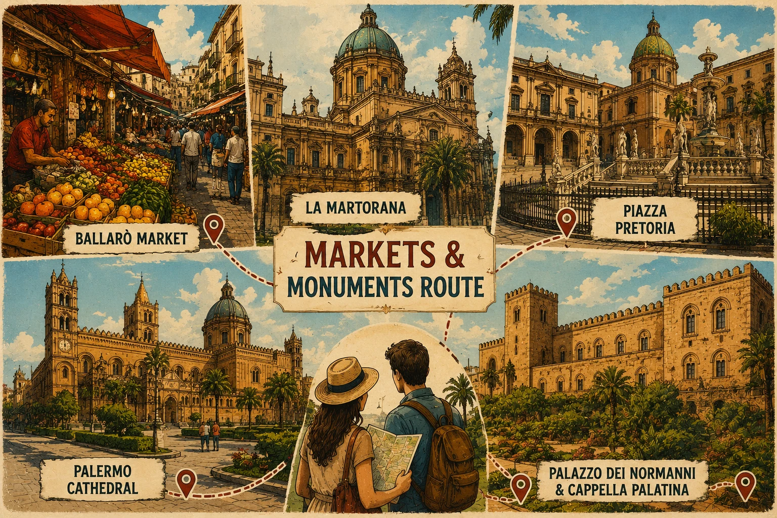 Palermo markets and monuments route through Ballarò, La Martorana, Piazza Pretoria, the cathedral, and Norman Palace