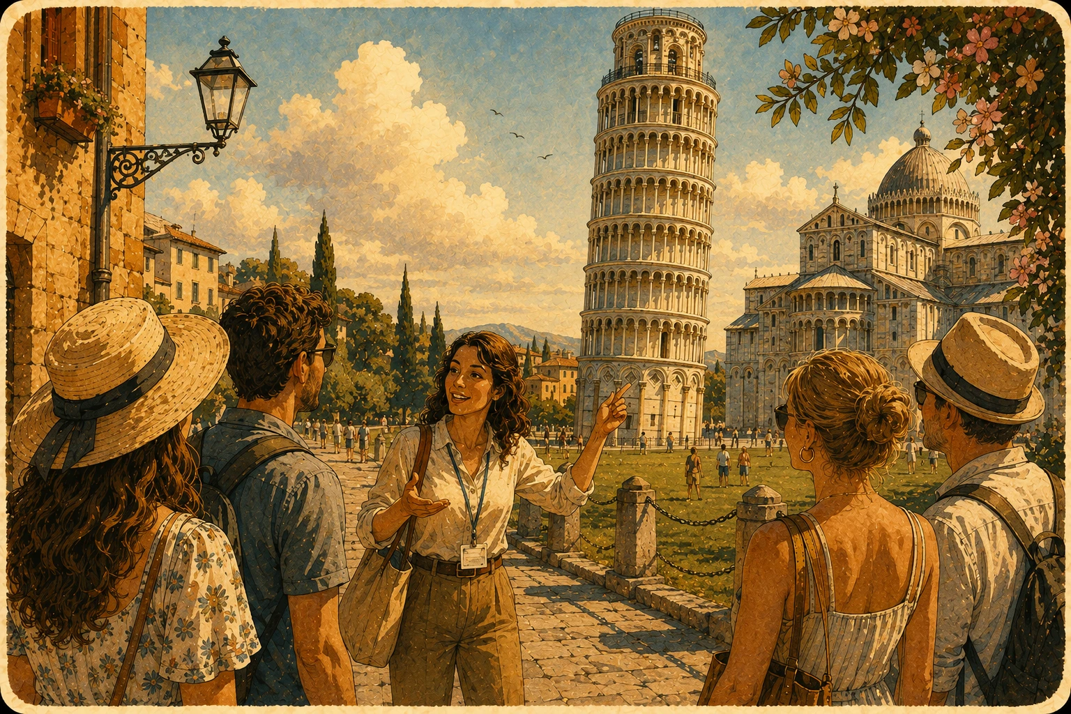 Complete Leaning Tower guided-tour infographic with monument journey, tower climb, Cathedral, Baptistery, Camposanto, facts, and practical advice