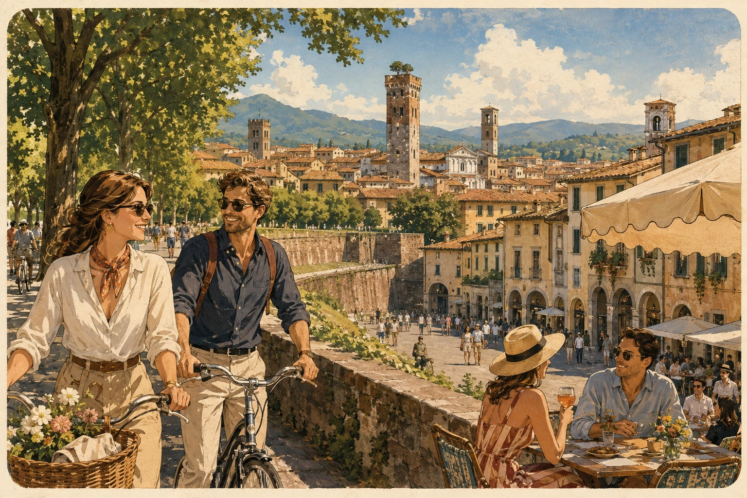 Complete Lucca day-trip-from-Pisa infographic with train connection, Lucca itinerary, city walls, cathedral, Guinigi Tower, map, food, and practical tips