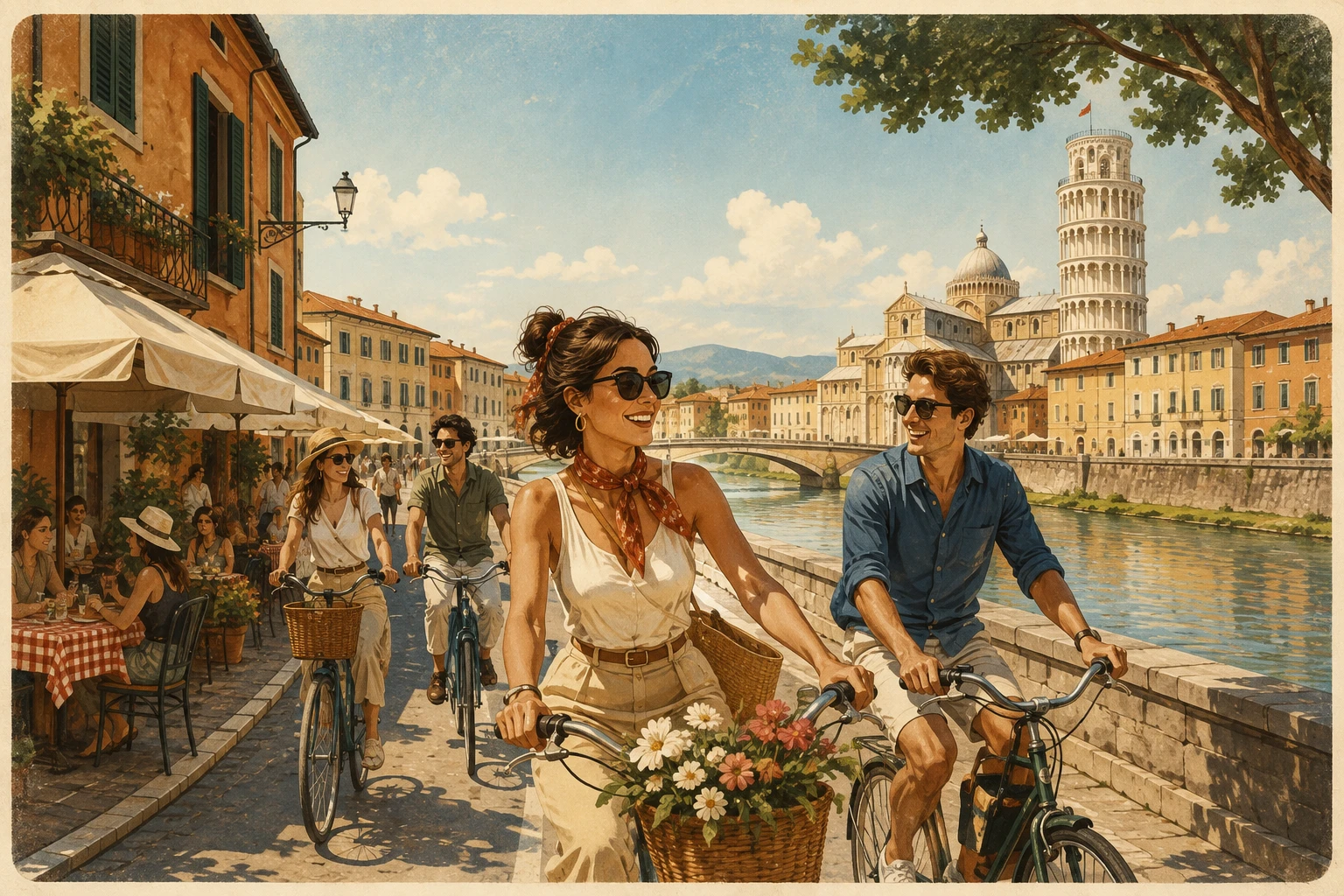 Complete Pisa bike-tour infographic with cycling route, city landmarks, route map, distances, parks, riverfront, and safety tips