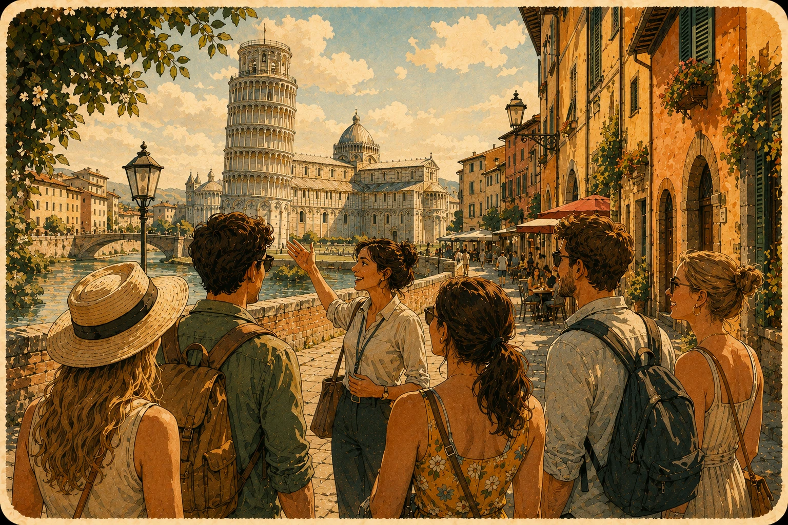 Complete Pisa city walking-tour infographic with ten stops, monument photographs, route map, local tips, walking times, and practical information