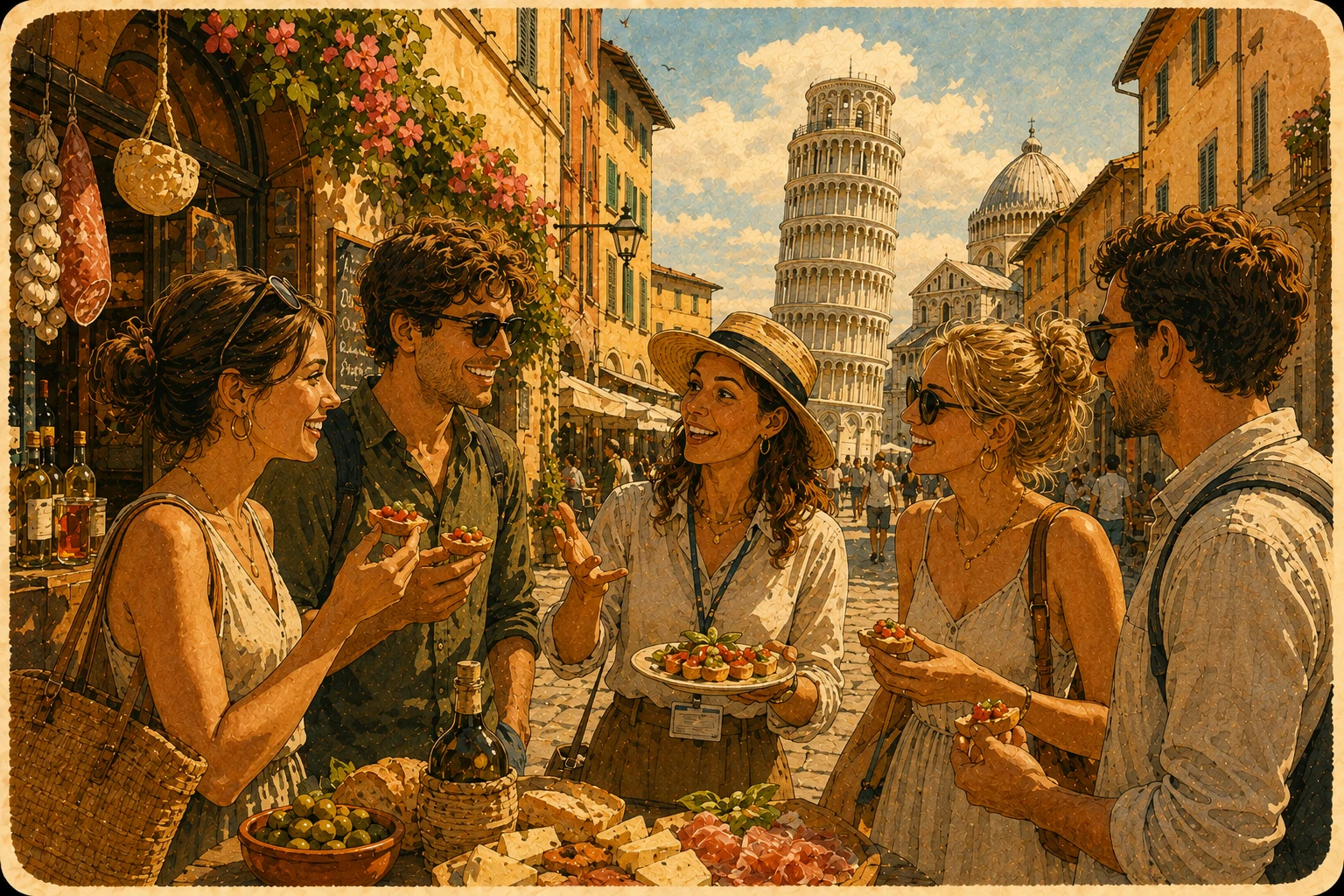 Complete Pisa food-tour infographic with eight tasting stops, local dishes, route map, Pisan specialties, market suggestions, and local tips