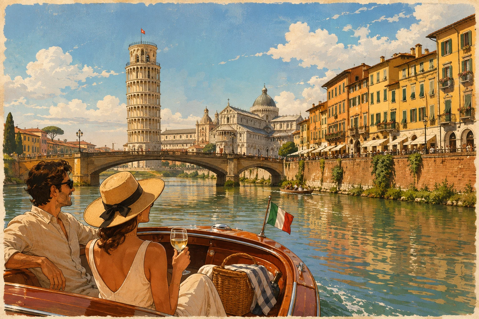 Complete Pisa river-cruise infographic with boat route, Arno landmarks, bridges, riverfront buildings, map, onboard experience, and practical information