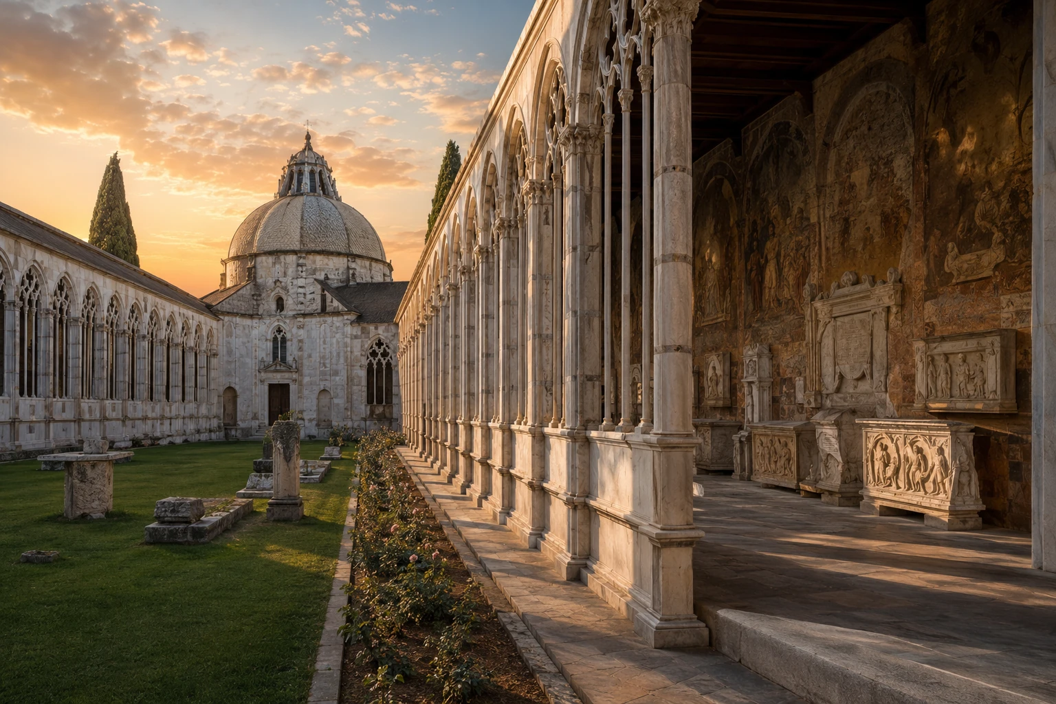 Camposanto Monumentale cloister with Gothic arches, marble tombs, frescoes, green courtyard, and warm sunlight