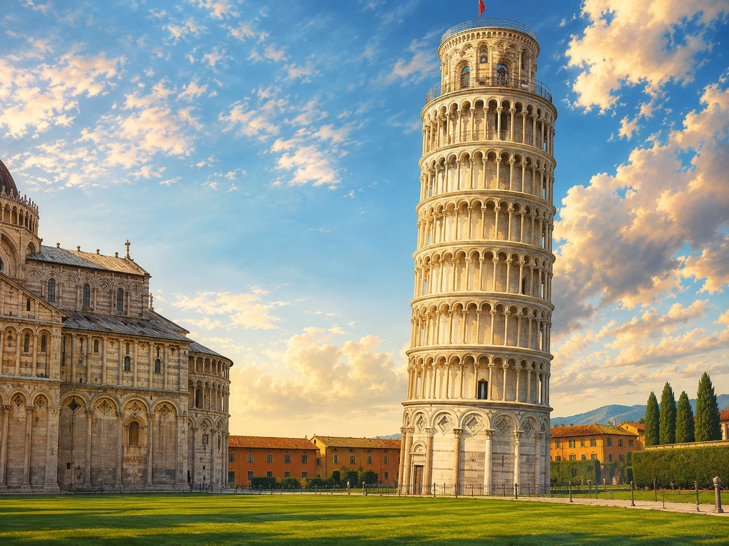 Leaning Tower of Pisa beside the Cathedral and green lawn under a bright blue sky