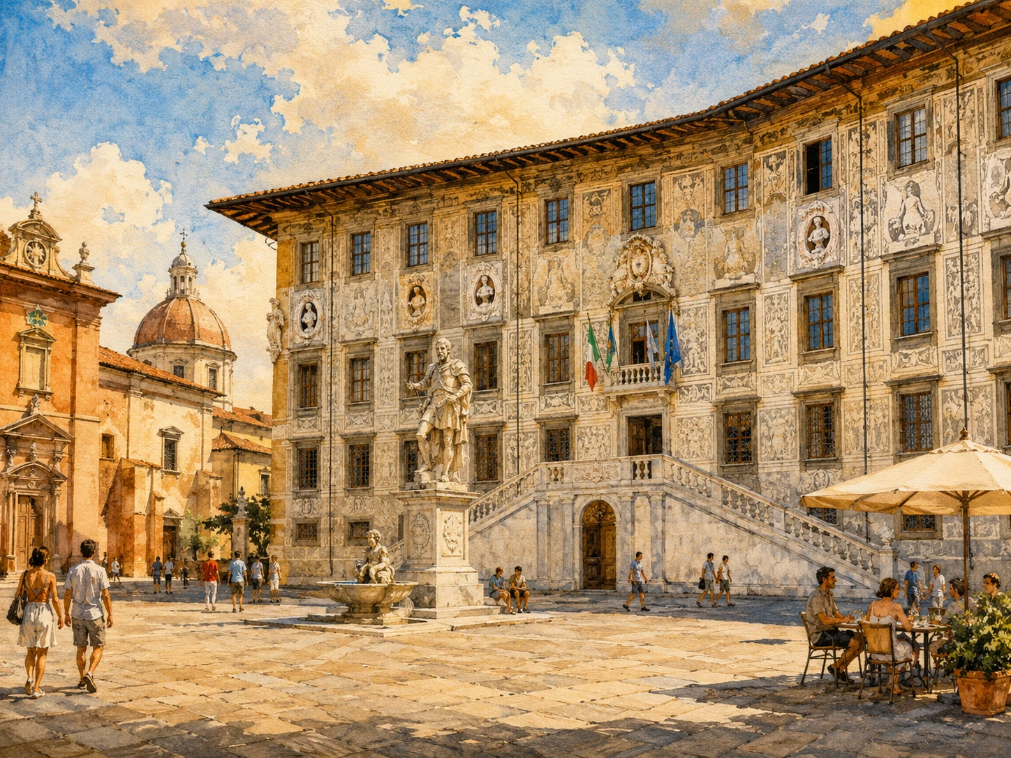 Piazza dei Cavalieri in Pisa with Palazzo della Carovana, decorative facade, statue, historic buildings, and cafes