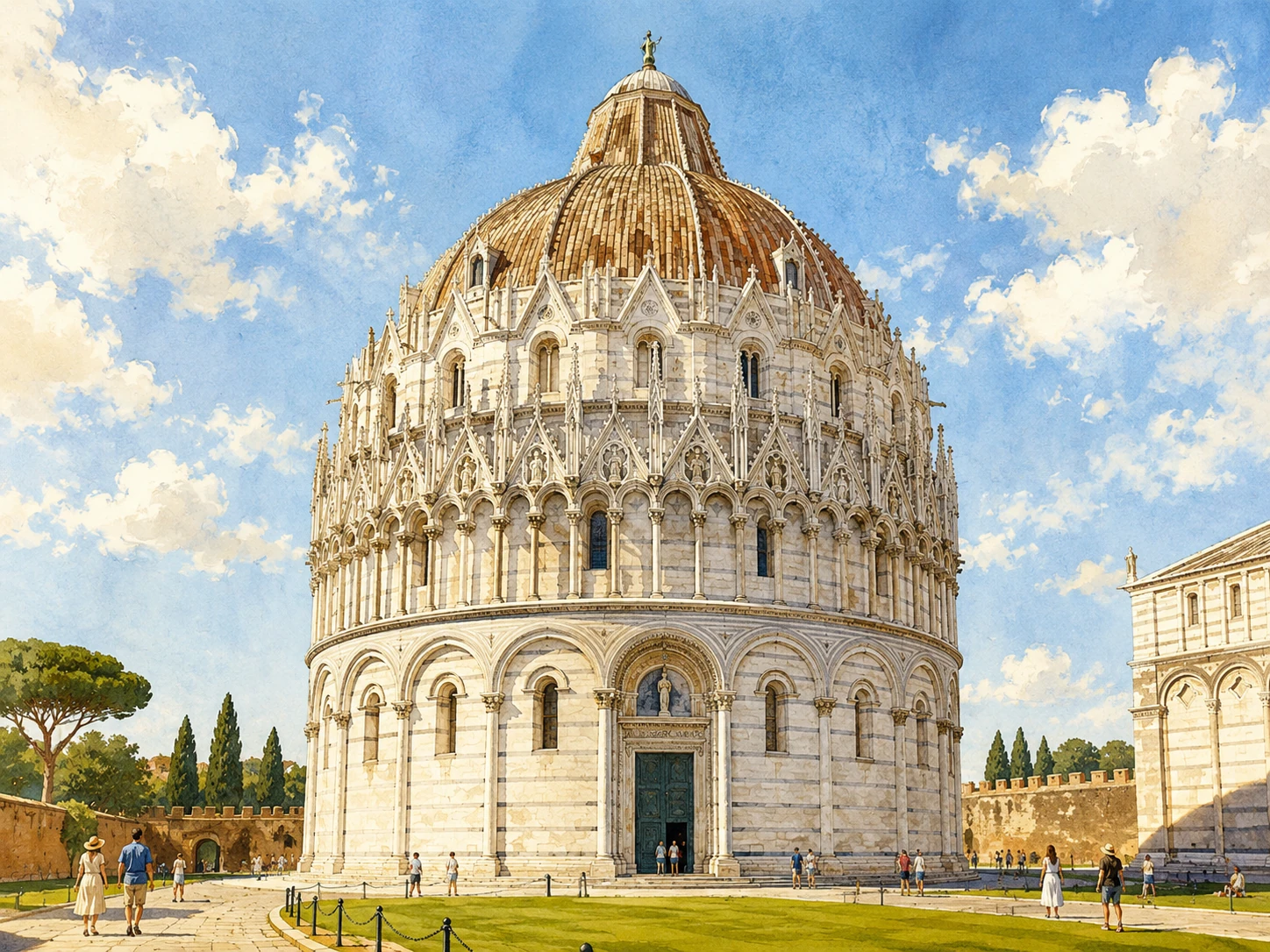 Pisa Baptistery with circular marble architecture, Gothic details, dome, green lawn, and blue sky