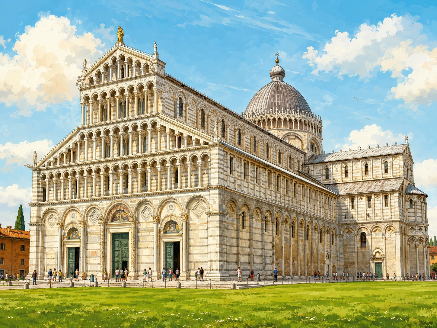 Pisa Cathedral with marble facade, arcades, dome, and visitors on Piazza dei Miracoli
