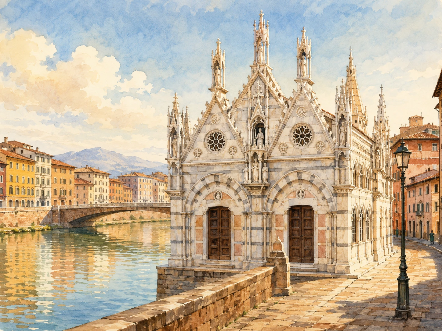 Santa Maria della Spina church beside the Arno River with Gothic marble facade, colorful houses, bridge, and reflections