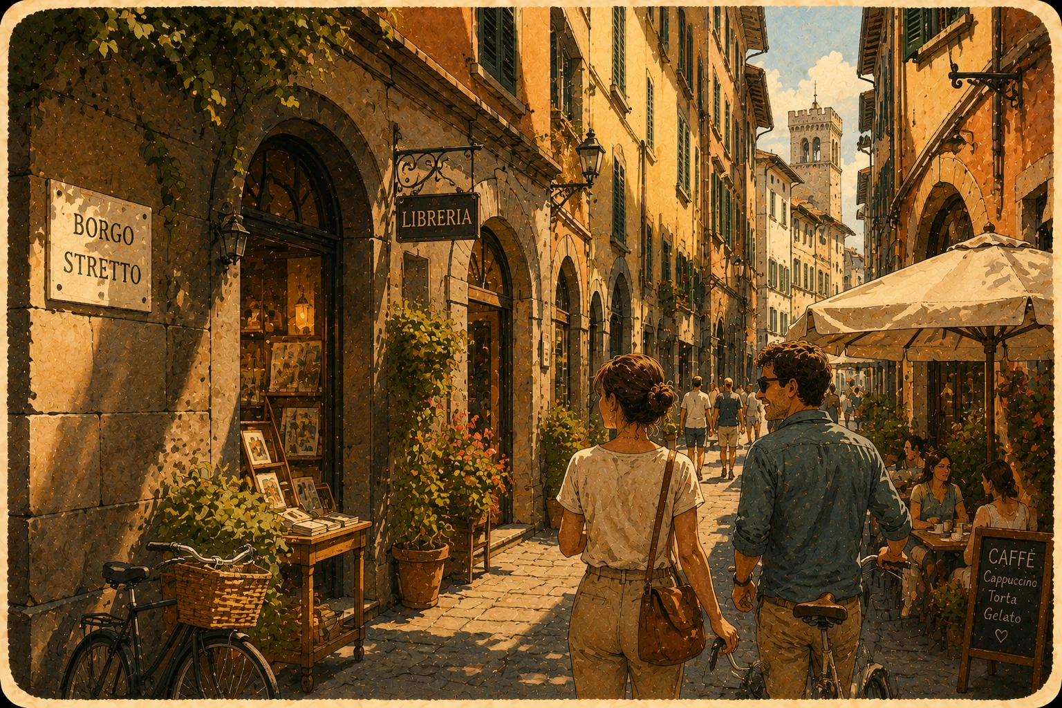 Complete Borgo Stretto infographic with shopping street, arcades, cafes, boutiques, walking route, city map, history, and local tips