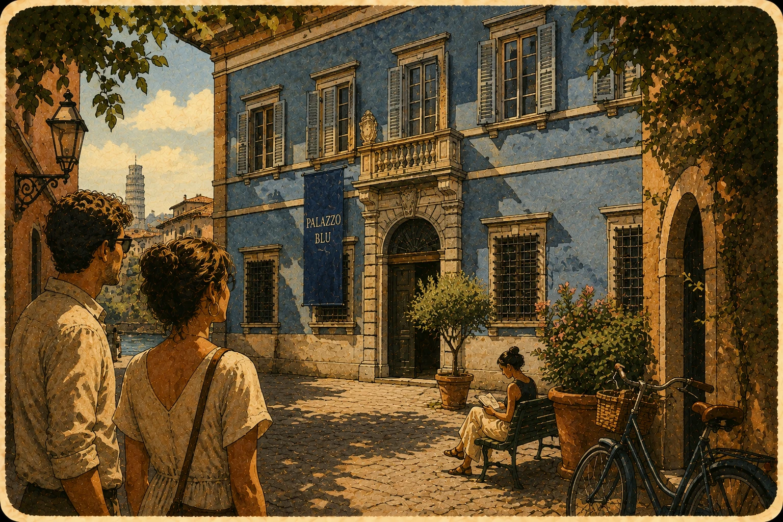 Complete Palazzo Blu infographic with blue palace facade, museum galleries, courtyard, exhibitions, practical information, Arno riverfront, and nearby sights