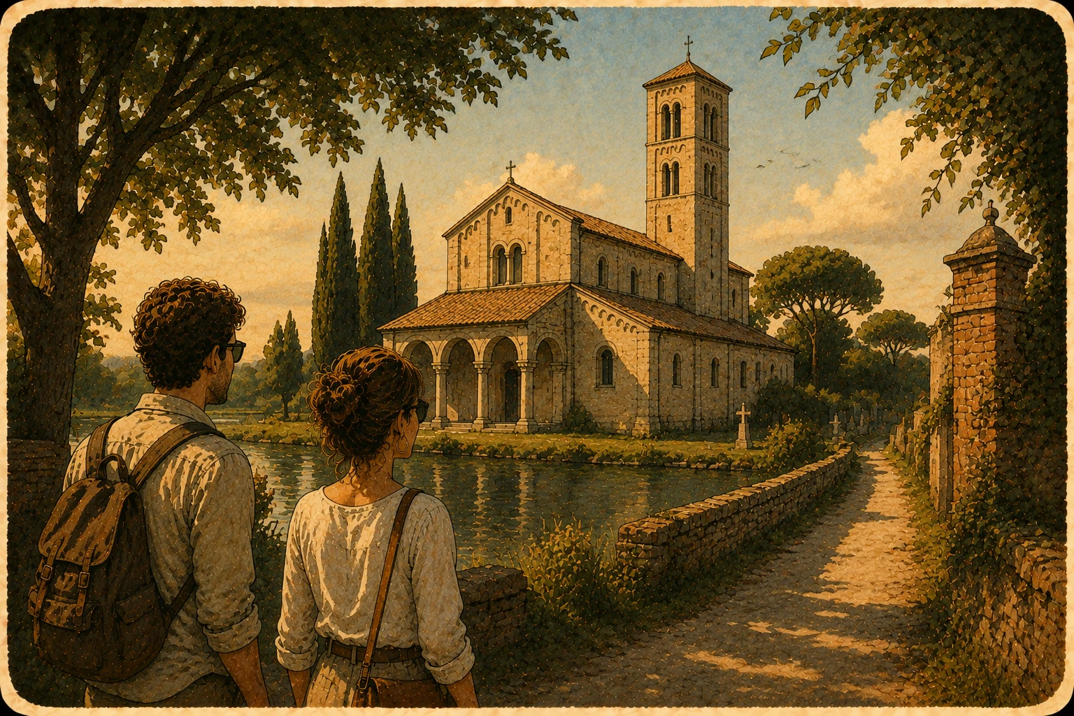 Complete San Piero a Grado infographic with Romanesque church, ancient ruins, Arno nature, cycling route, beach connection, map, and practical tips