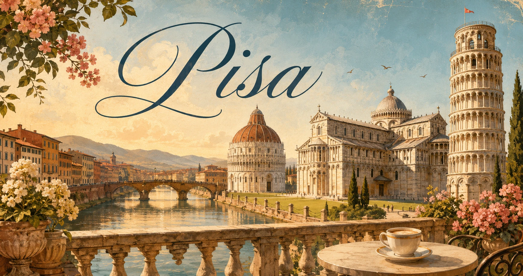 Panoramic Pisa city view with the Leaning Tower, Cathedral, Baptistery, green lawn, and warm Tuscan light