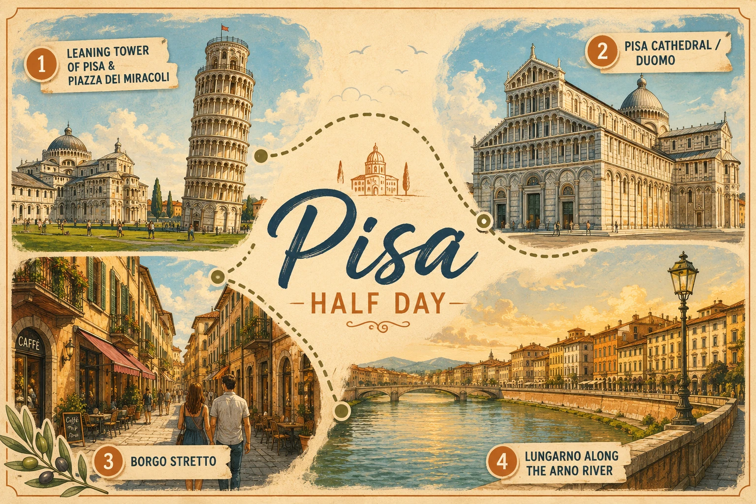 Complete Classic Pisa Half-Day infographic with Leaning Tower, Cathedral, Baptistery, Camposanto, Piazza dei Cavalieri, Santa Maria della Spina, route map, and walking times