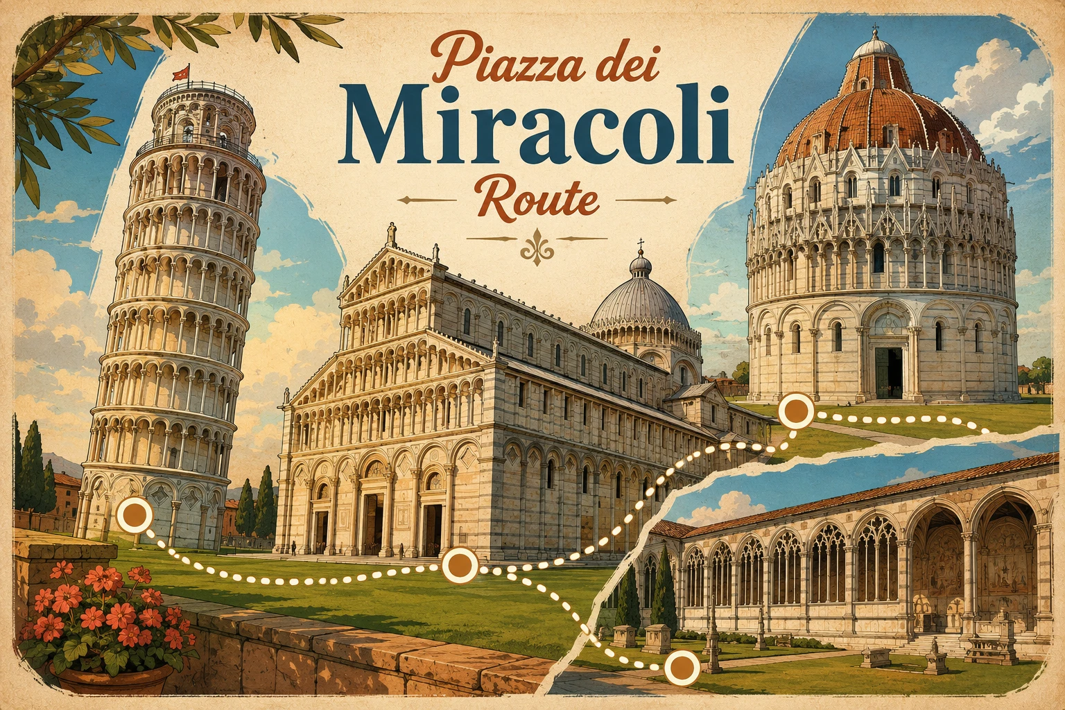 Complete Piazza dei Miracoli route infographic with Leaning Tower, Cathedral, Baptistery, Camposanto, monument photos, map, walking times, and practical tips