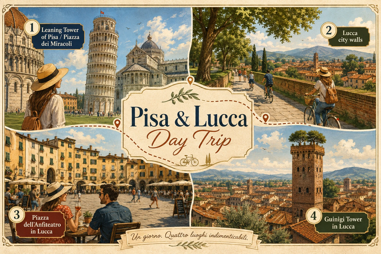 Complete Pisa and Lucca day-trip infographic with Pisa morning sights, train connection, Lucca afternoon itinerary, city walls, map, schedule, and practical tips