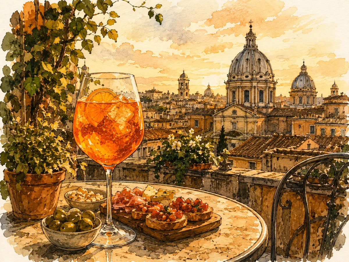 Illustration of aperitivo drinks and snacks overlooking Rome