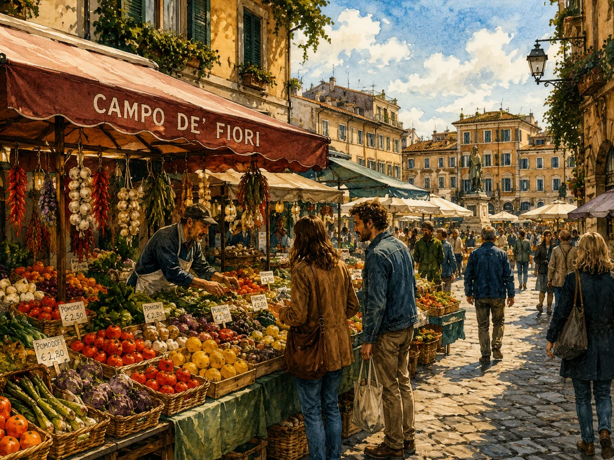 Illustration of a lively Roman food market