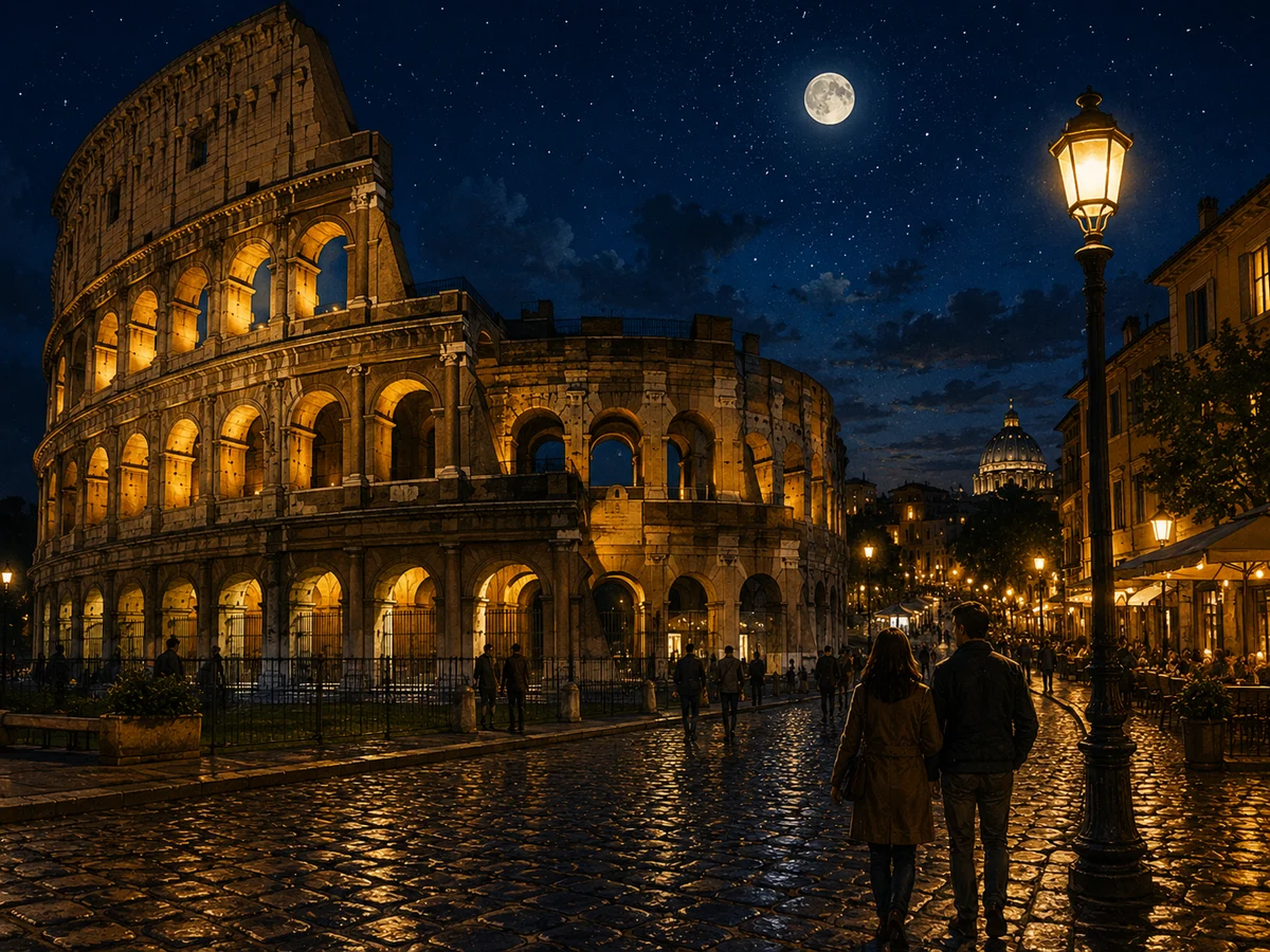 Illustration of the Colosseum in Rome at night