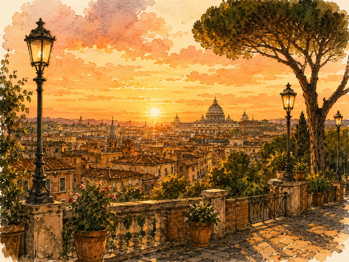 Illustration of sunset over Rome from Gianicolo Hill