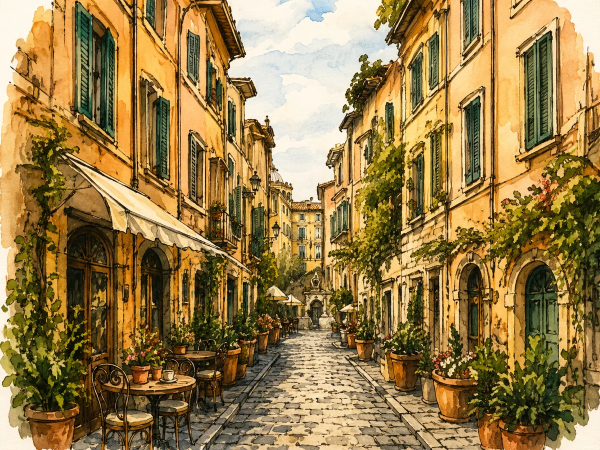 Illustration of a quiet cobbled Roman street for walking in Rome