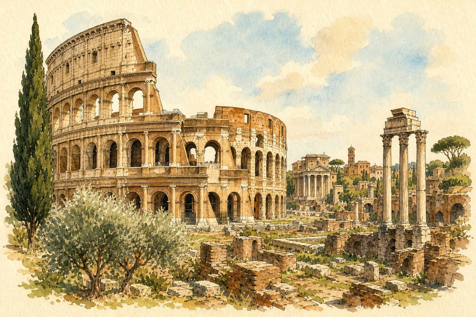 Illustration of the Colosseum and Roman Forum in Rome