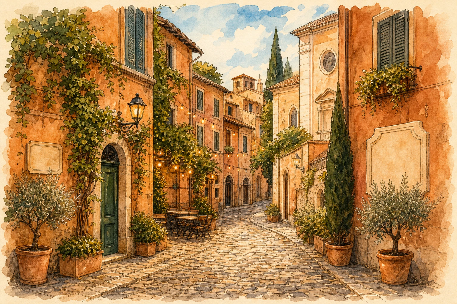 Illustration of a cobbled street in Trastevere, Rome