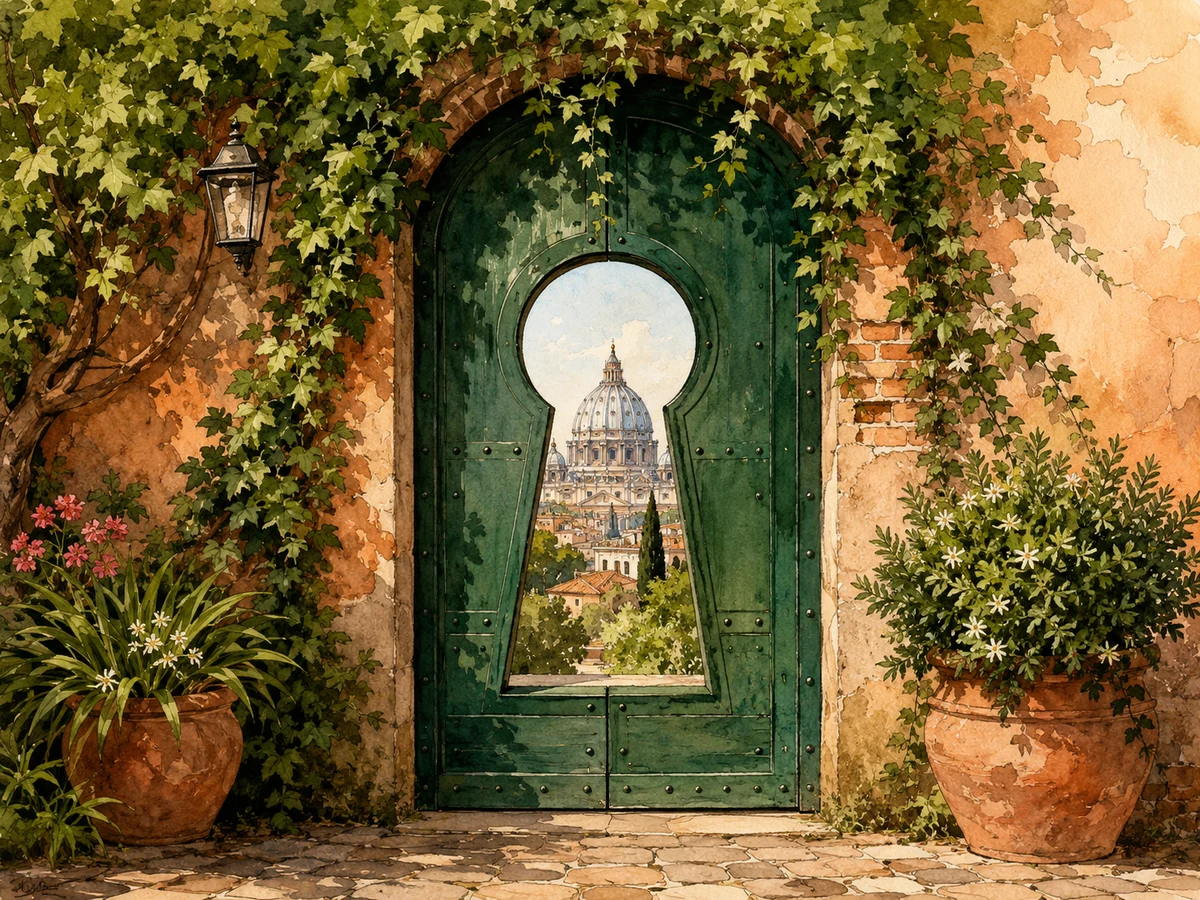 Illustration of the Aventine Keyhole view toward St. Peter's Basilica in Rome