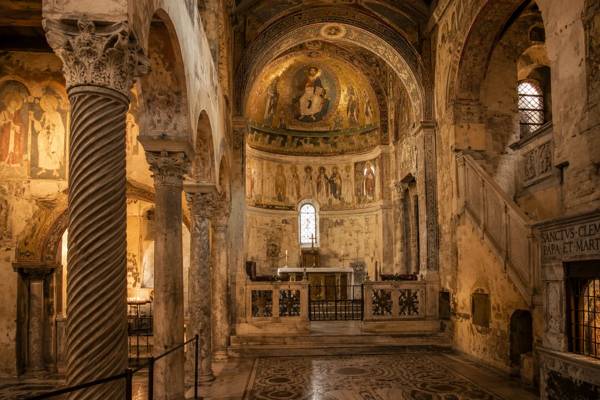 Illustration of the historic interior of San Clemente Basilica in Rome
