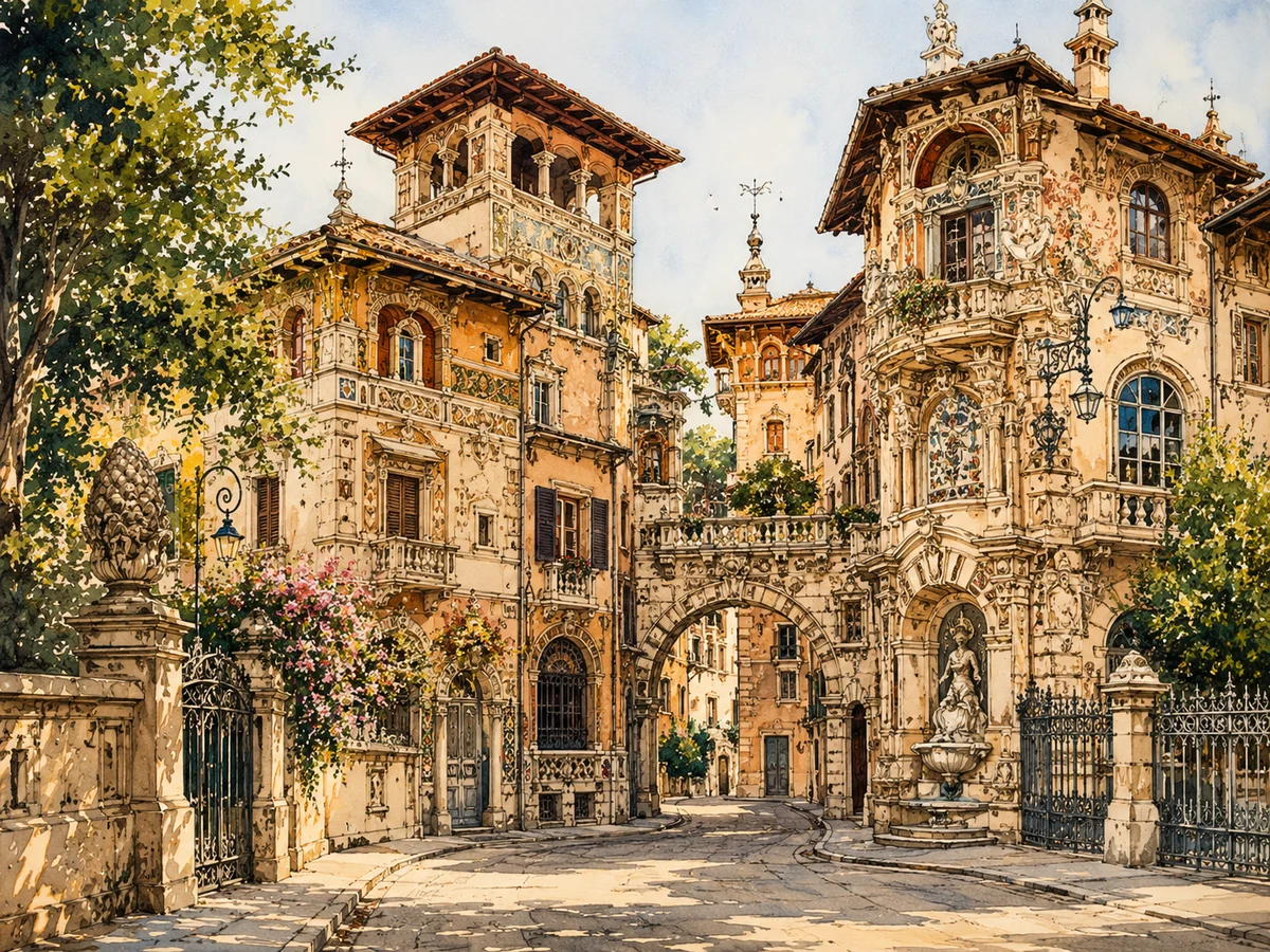 Illustration of Villa Doria Pamphili park in Rome at golden hour