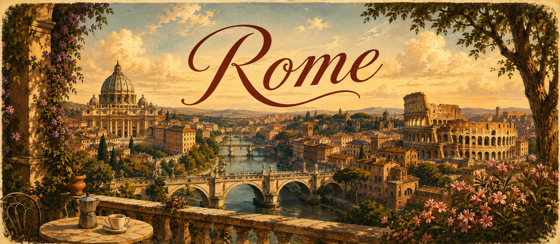 Illustrated Rome travel guide banner with the Colosseum, Vatican, travelers, and the text Rome