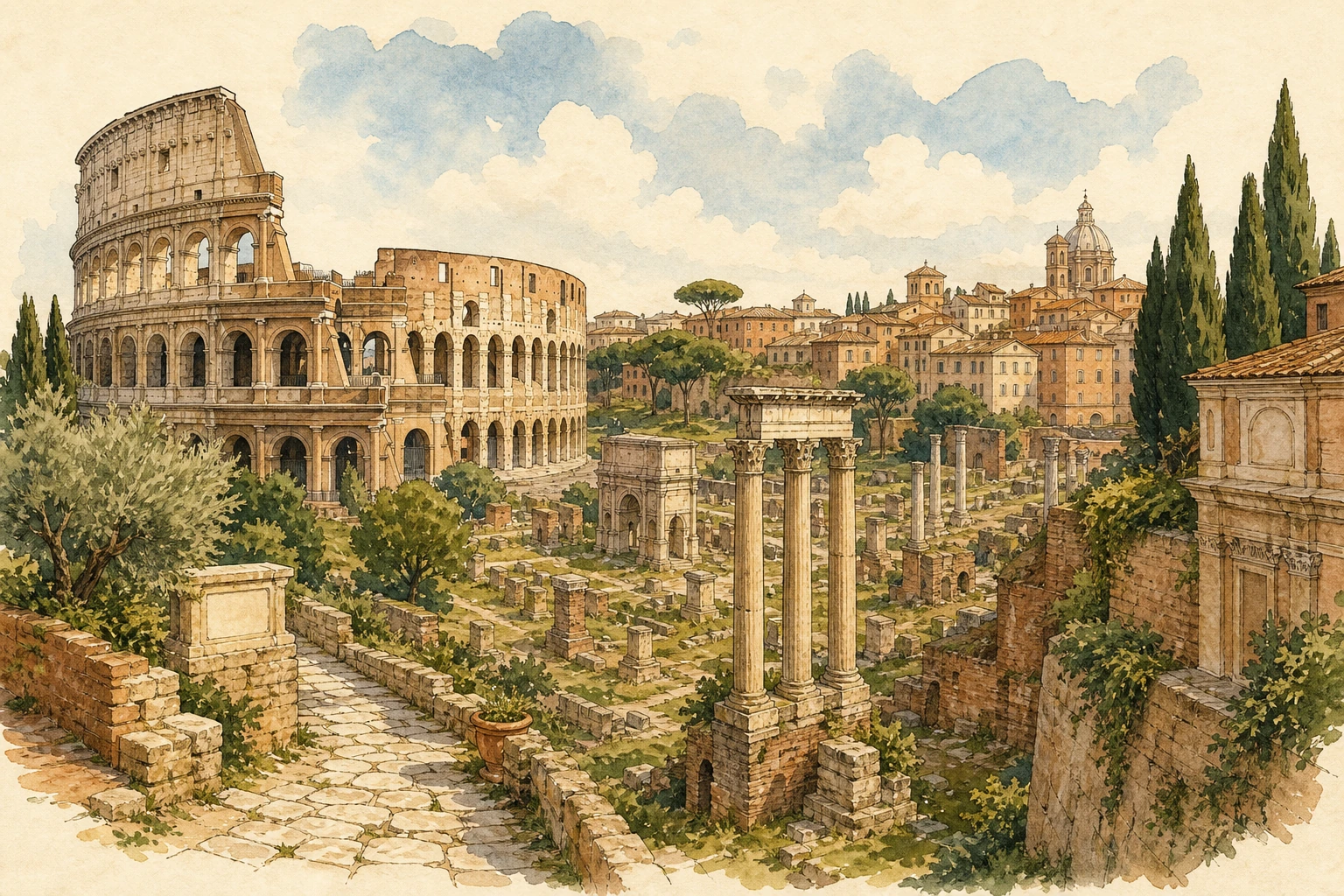 Illustration of an Ancient Rome route with the Colosseum and Roman Forum