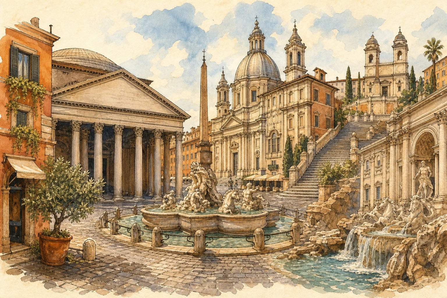 Illustration of a historic center walking route in Rome