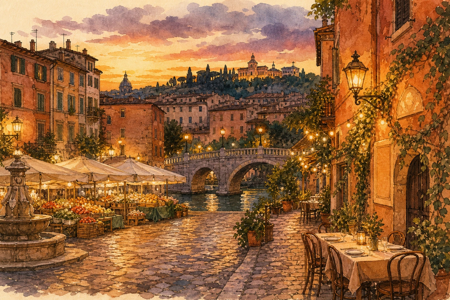 Illustration of an evening route through Trastevere in Rome