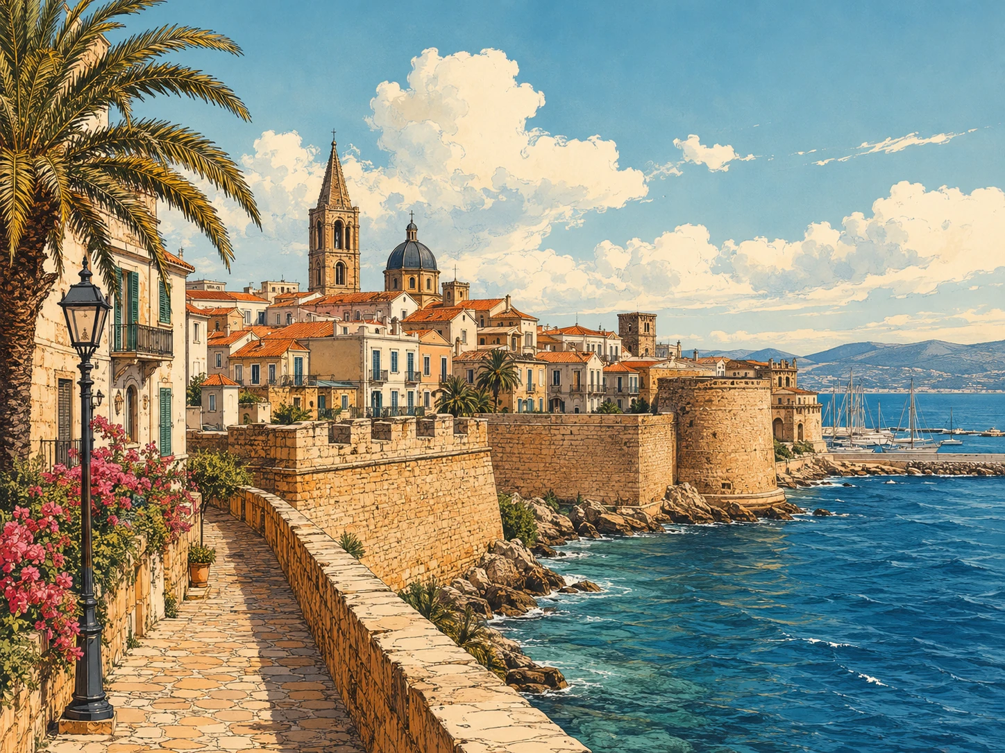 Alghero old town, sea walls, church towers, and Mediterranean waterfront