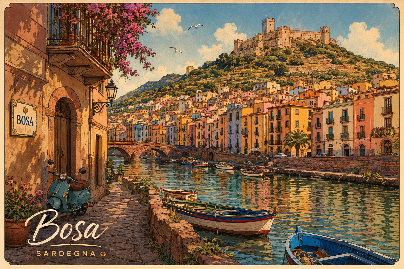 Colorful houses of Bosa beside the Temo River with castle and stone bridge