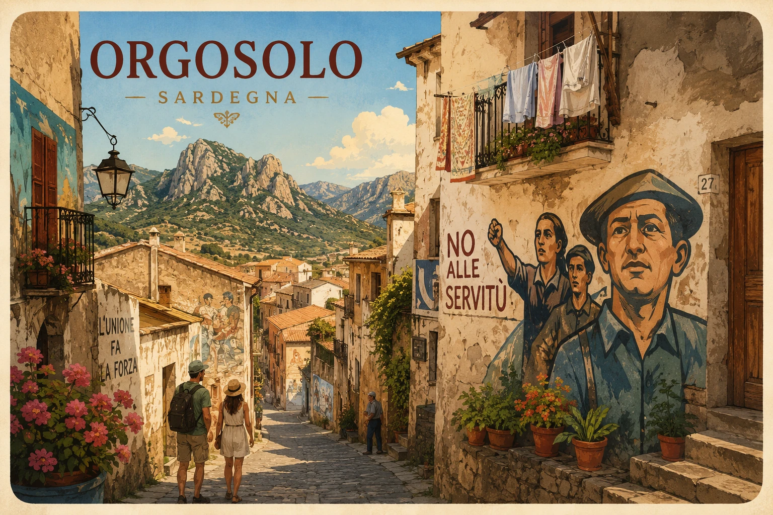 Historic street in Orgosolo covered with colorful Sardinian murals
